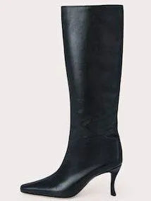 A pair of women's black square-toe cowboy boots made from microfiber leather.