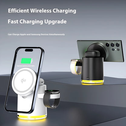 Black C16 magnetic folding wireless charger showing iPhone, Apple Watch, and AirPods placed on its three charging pads.
