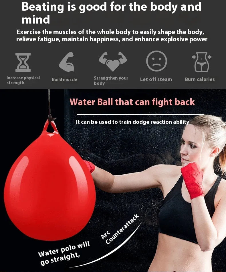 Red water-filled PVC boxing reaction ball with hook rope for hanging speed training drills.
