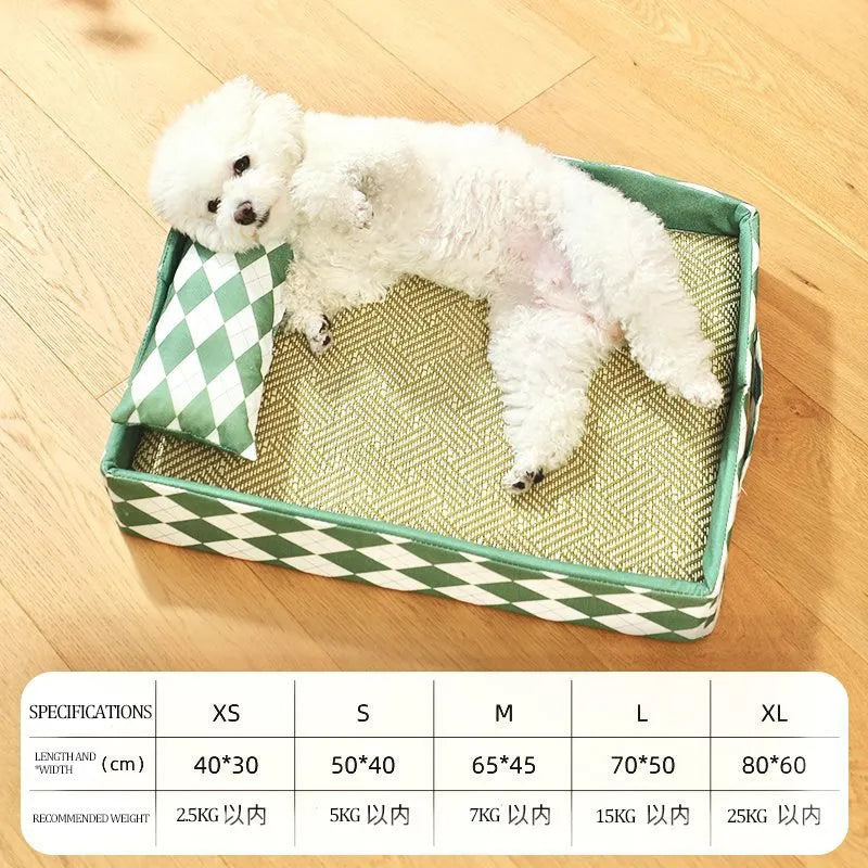 A natural rattan cat litter mat and pet bed in blue, shown in a size suitable for a cat.