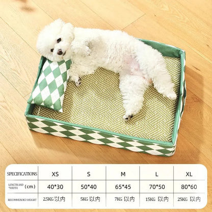 A natural rattan cat litter mat and pet bed in blue, shown in a size suitable for a cat.