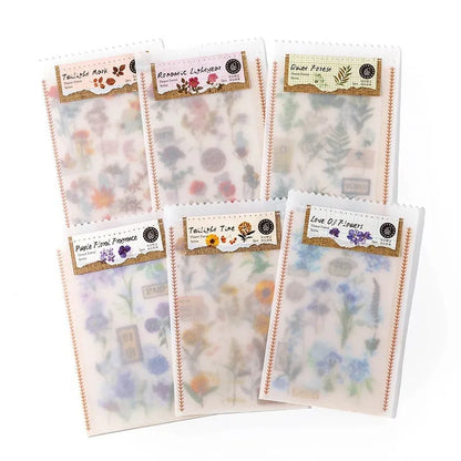 Huazhisen art nouveau forest sticker pack showing transfer paper and cotton linen sheets in six colour designs