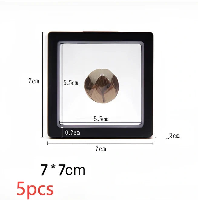 Black 11x11cm suspended 3D floating display frame holding a coin, with square base for stable collectible showcase