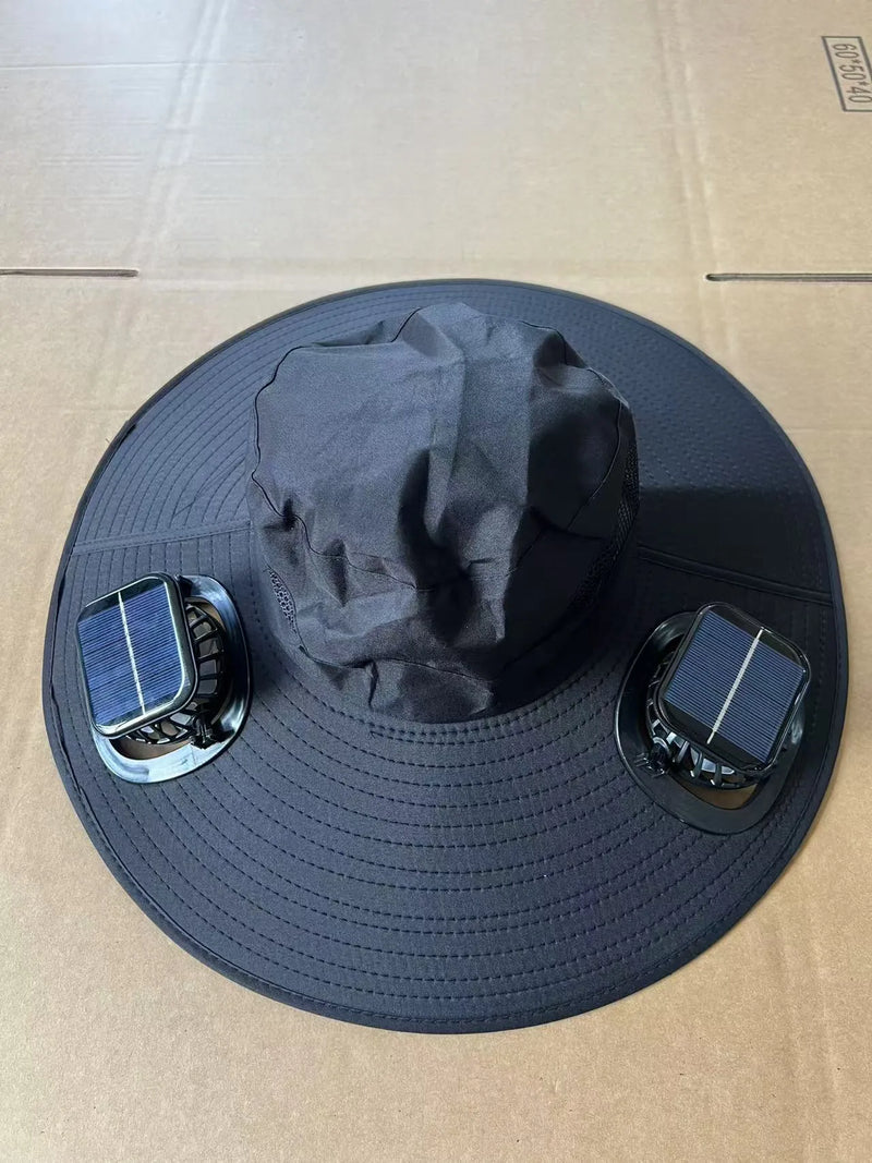 Men's Solar Fan Cap with Sun Shading Large Eave Peak, Lightweight Polyester Fibre Construction in Grey, Black, or Beige Colour Options, Personal Cooling Hat with Integrated Solar Powered Fans