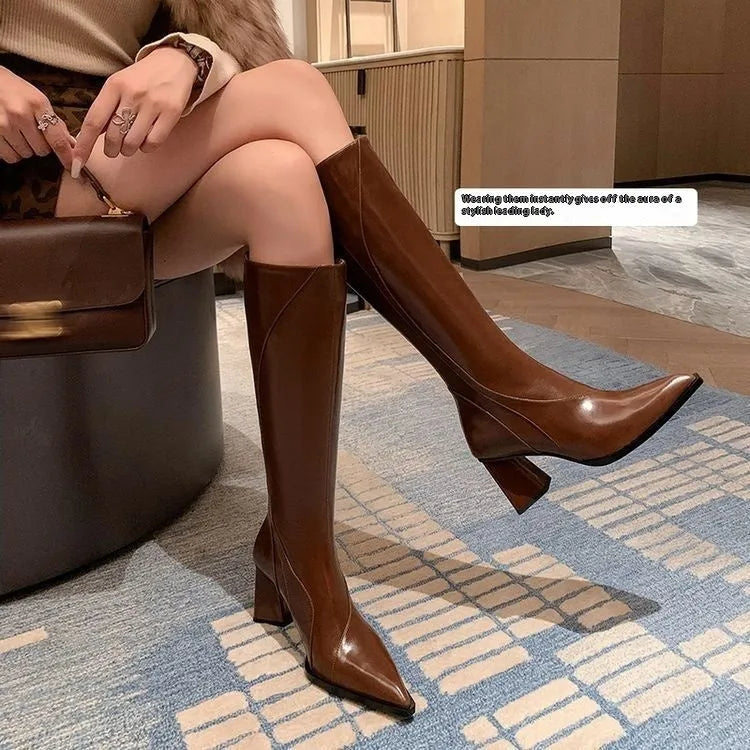 Retro Maillard Tube High Heel Riding Boots for women, adult female waterproof platform ankle boot with cowhide upper in black, brown, or wine red sizes 34-40 featuring fleece or single lining construction