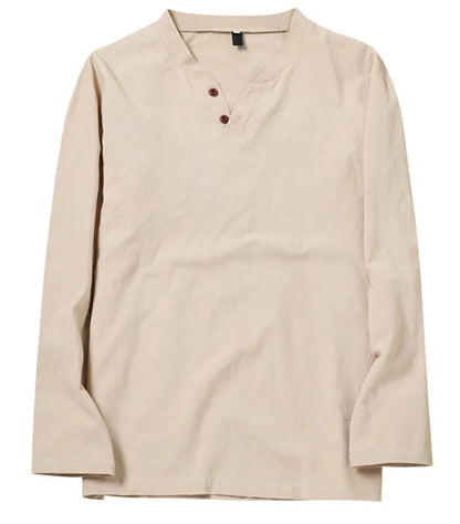 Men's cotton blend long sleeve V-neck casual shirt in blue, grey, black or apricot, sizes L to 5XL
