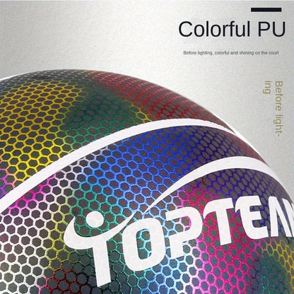 Holographic luminous reflective fluorescent basketball No. 7 size with wear-resistant PU leather