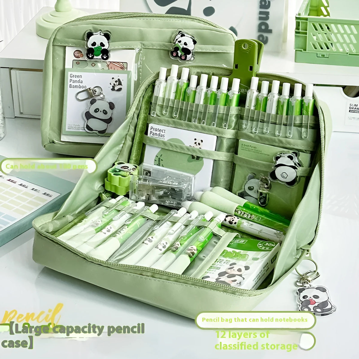 Green canvas pencil case with 12 layer panda design and multiple compartments for stationery organisation