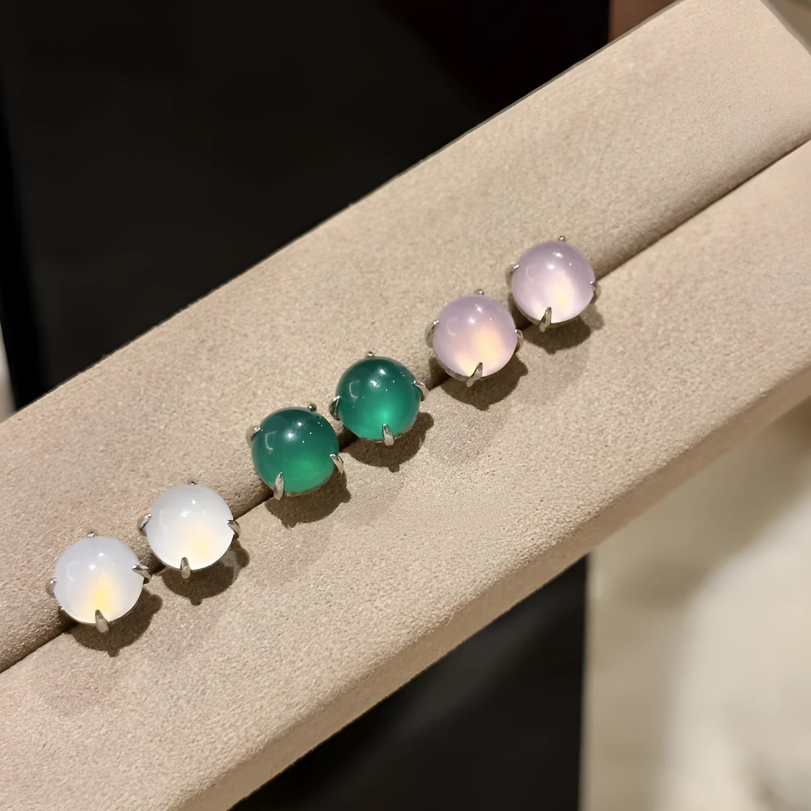 Chinese style chalcedony stud earrings with four-claw setting in emerald green, pink purple and milk white colours