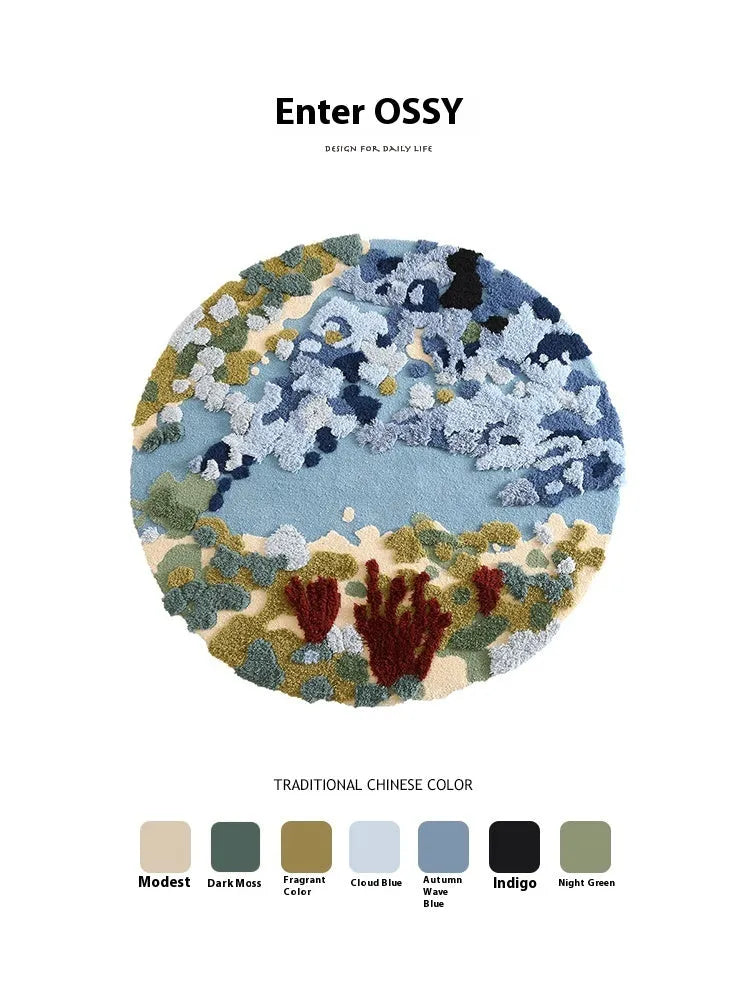 Ocean Secret Realm handmade round acrylic fibre carpet on a wooden floor.