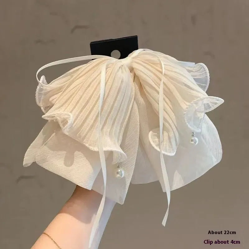 Korean style cloth ponytail grip with black chiffon bow ribbon, temperament wild large hair accessory, single piece hair grip for beige or black colour options