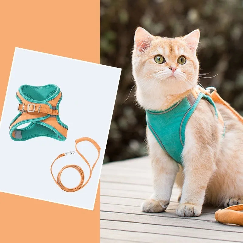 Cat pulling rope vest with reflective chest strap in suede material with contrast stitching