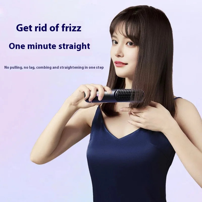 White portable negative ion hair comb showing USB charging port and adjustable length mechanism from 15cm to 20cm
