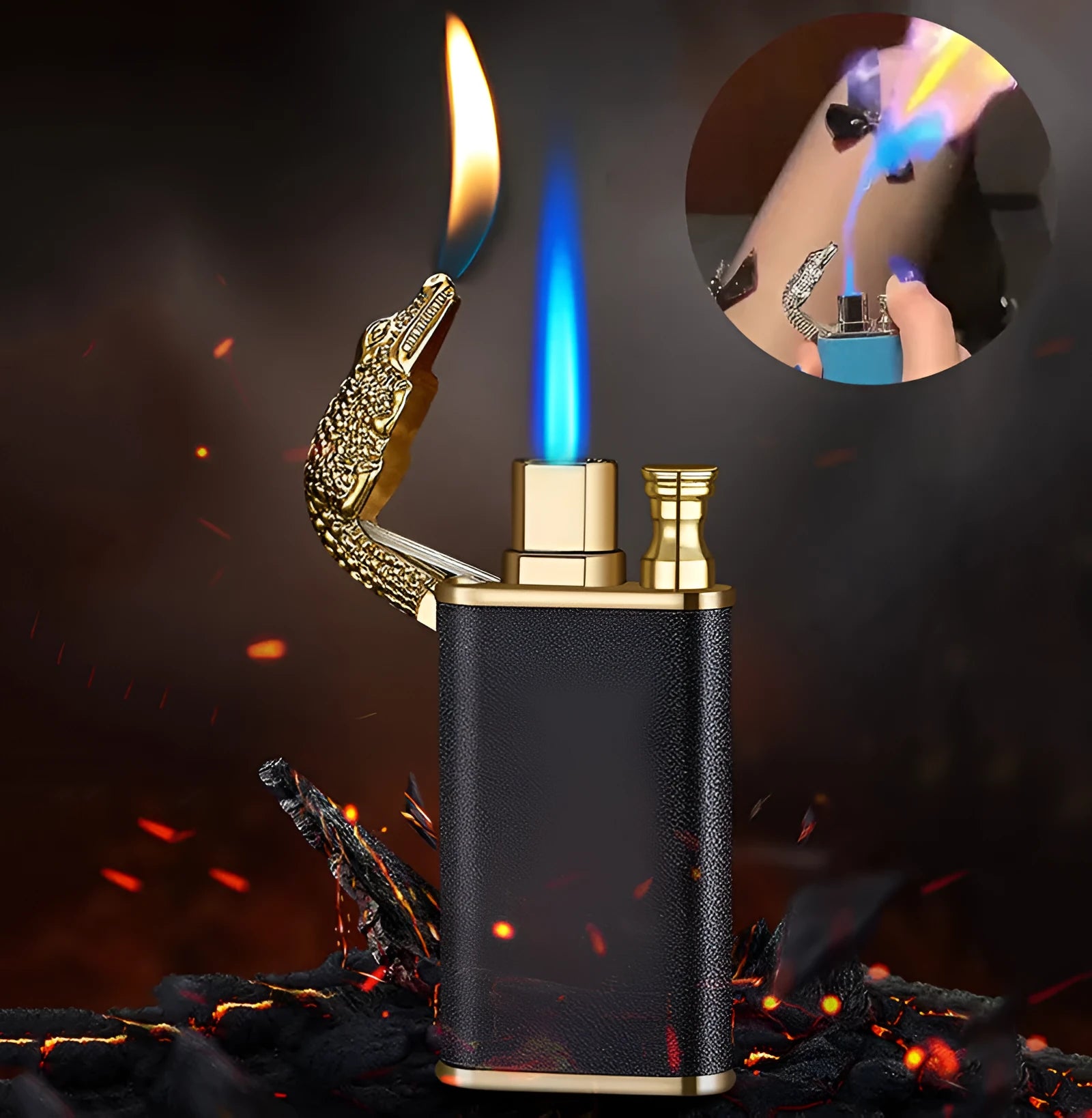 Metal windproof lighter with double flame and dragon design, showing flame from mouth.