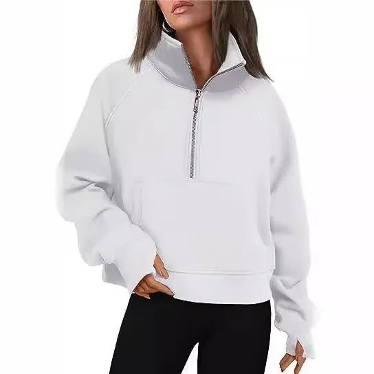 Women's loose lapel fleece-lined sweater in a solid colour with raglan long sleeves.