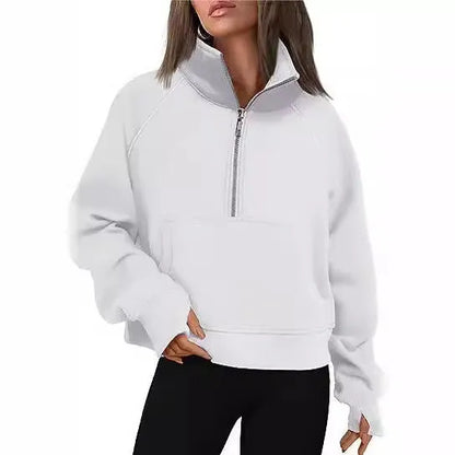 Women's loose lapel fleece-lined sweater in a solid colour with raglan long sleeves.