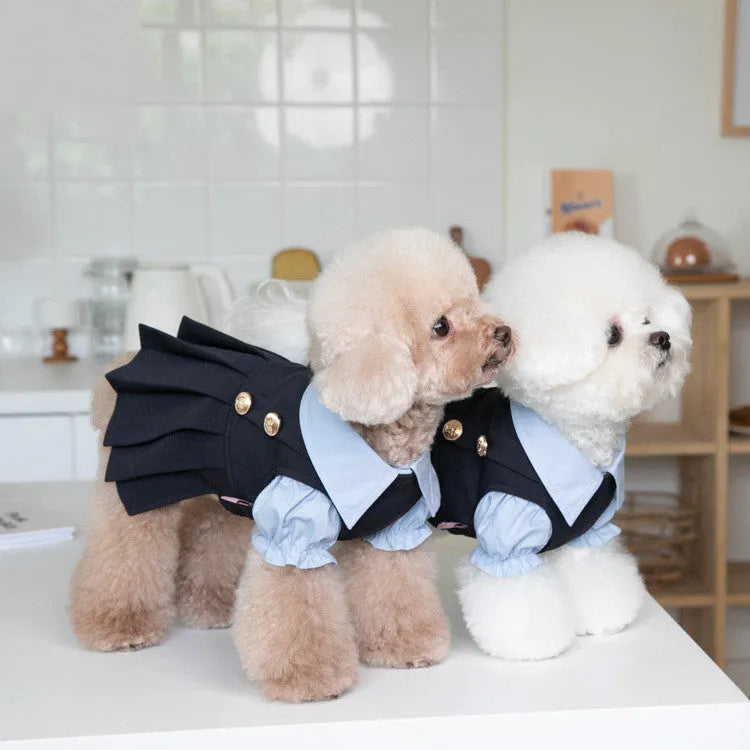 Dark grey polyester casual dog clothing shown on pet model with size options from 2XS to 3XL