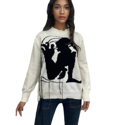 Women's alpaca wool sweater with abstract pattern tassel design in grey colour