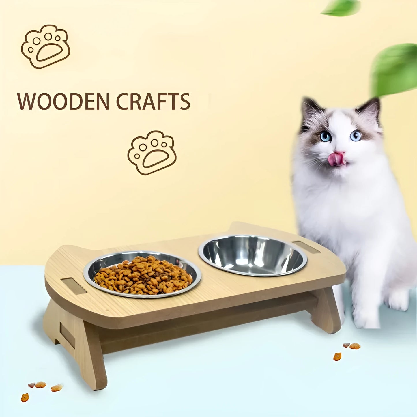Wooden cat feeder with two stainless steel bowls for food and water, shown in large and small sizes.