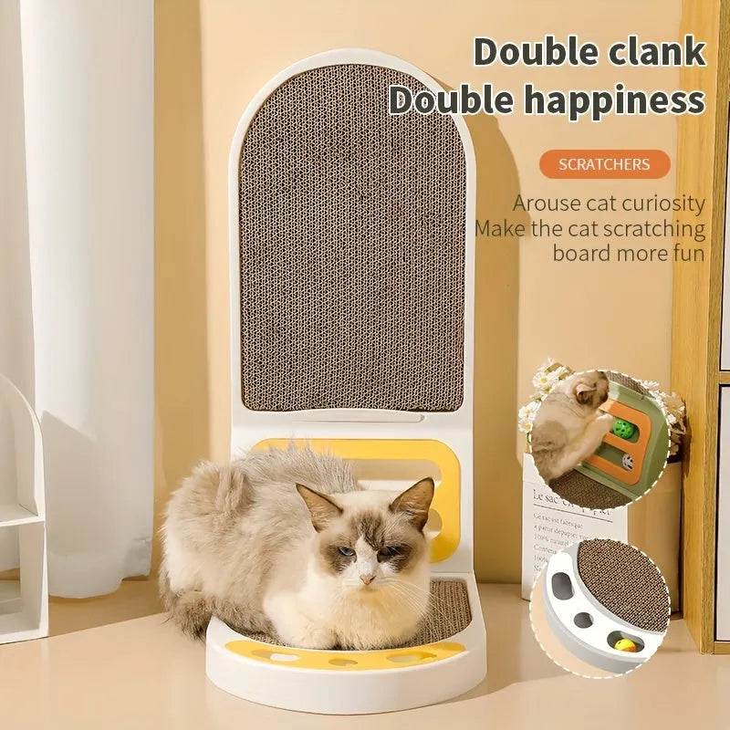 Grey L-shape cat scratching board with sisal surface, shown vertical against a wall.
