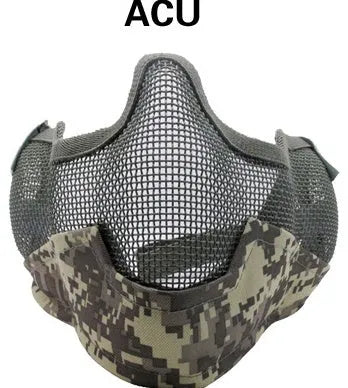 Carbon steel net protective face mask in camouflage pattern for outdoor field use.