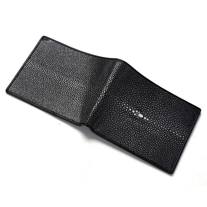 Genuine leather cowhide wallet with pearl fishskin lining in horizontal square design