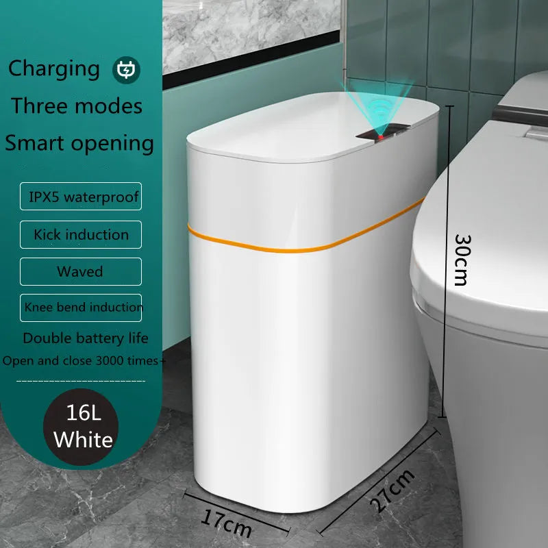 White smart induction trash can with automatic opening lid for kitchen or bathroom use
