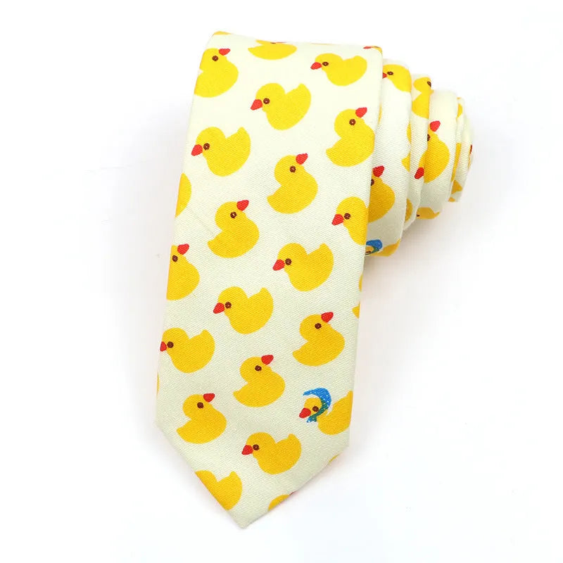 Korean style narrow men's cotton bow tie with a printed cartoon pattern on an adjustable fabric strap.