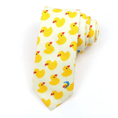Korean style narrow men's cotton bow tie with a printed cartoon pattern on an adjustable fabric strap.