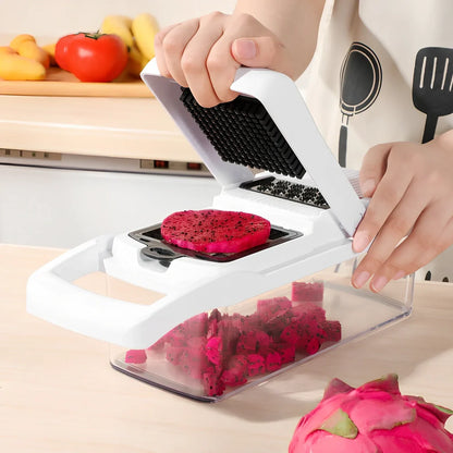 Multipurpose vegetable cutter with 7 blades, drain basket, and hand guard for kitchen food preparation