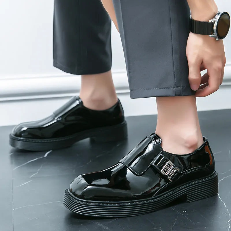 Men's black glossy platform loafers with hidden heel for summer casual wear