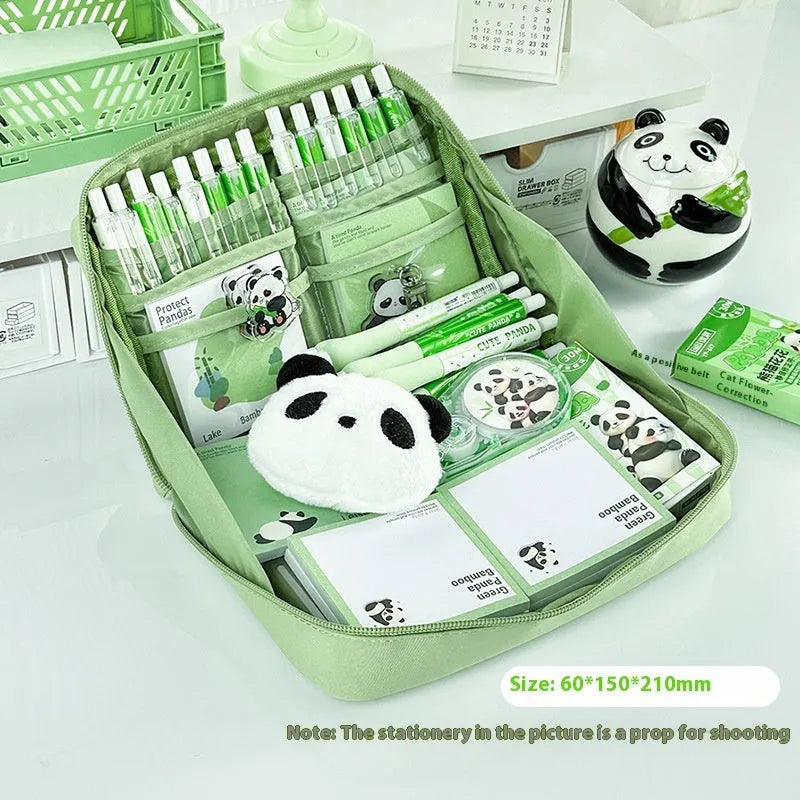 Green canvas pencil case with 12 layer panda design and multiple compartments for stationery organisation