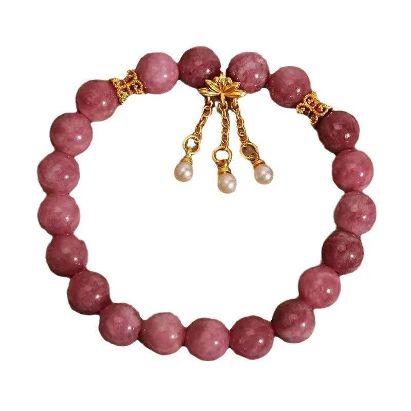 Pink lotus tassel natural stone bracelet with pearl pendant and flower charm.