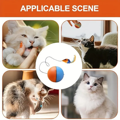 Interactive cat toy with ball and plush mouse design in blue and orange colours