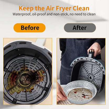 Round disposable aluminium foil liners for air fryers in four different sizes on a kitchen counter.