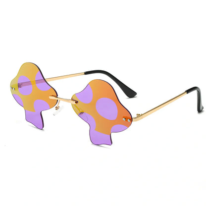Gold rimless mushroom sunglasses with blue polycarbonate lenses showing 60-port sizing system