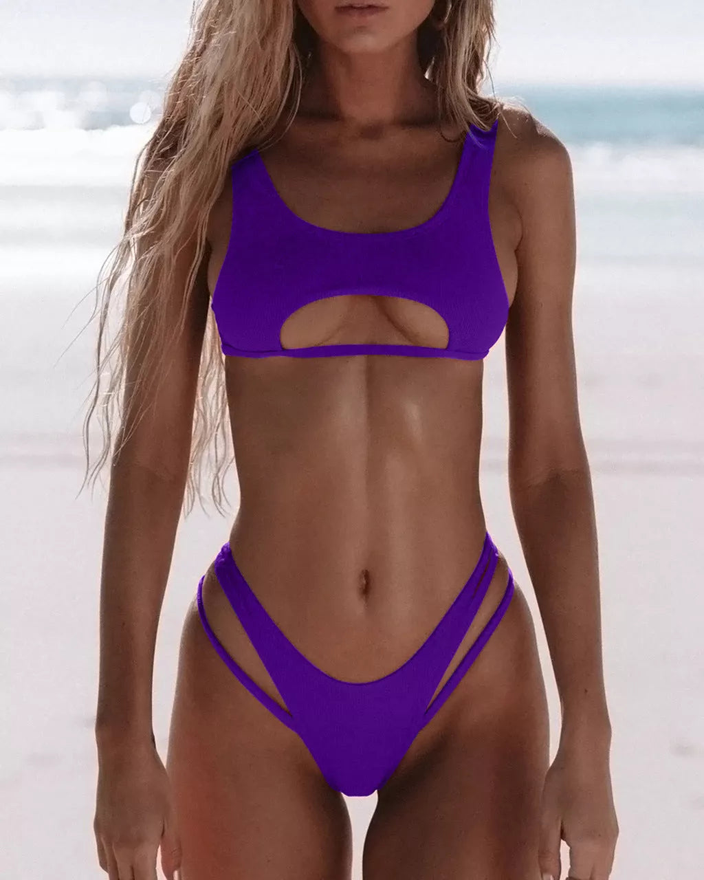 Women's solid colour bikini with hollow snake fabric for swimming