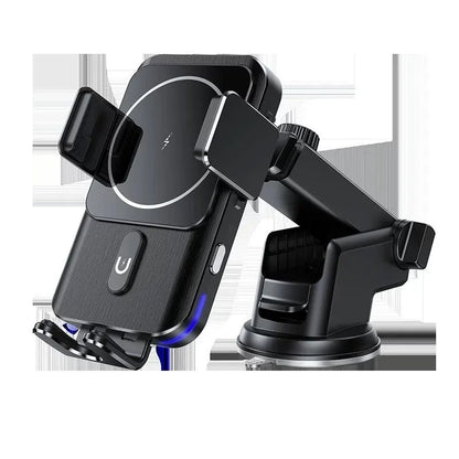 Black 15W wireless car charger phone holder showing clip and suction cup bracket options.