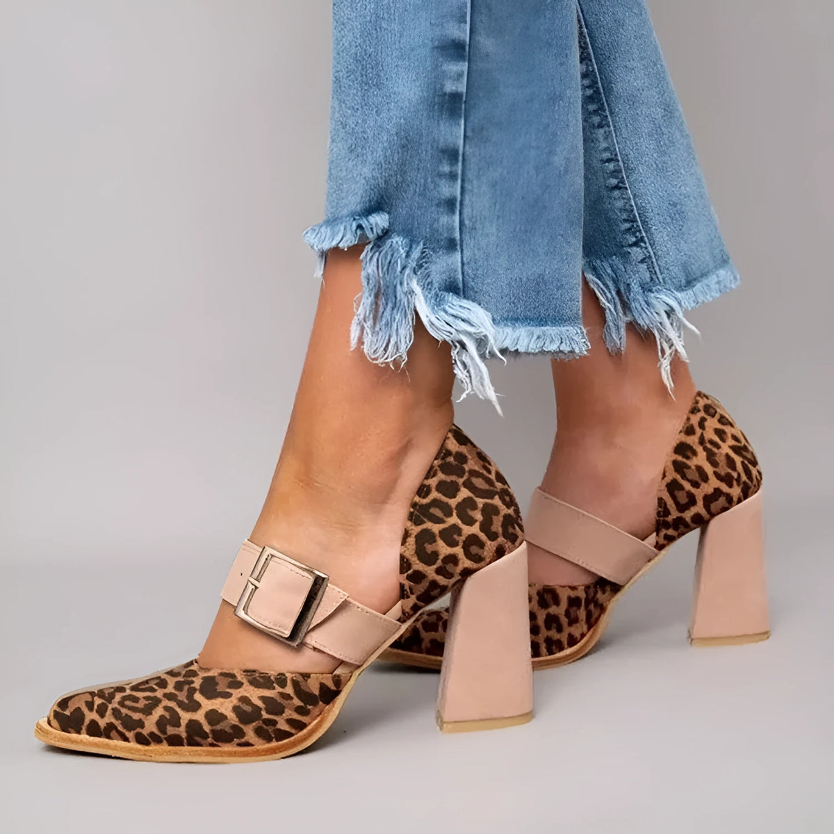 Leopard print high heel pointed toe sandals with belt buckle, suede upper, red or pink, sizes 34-43