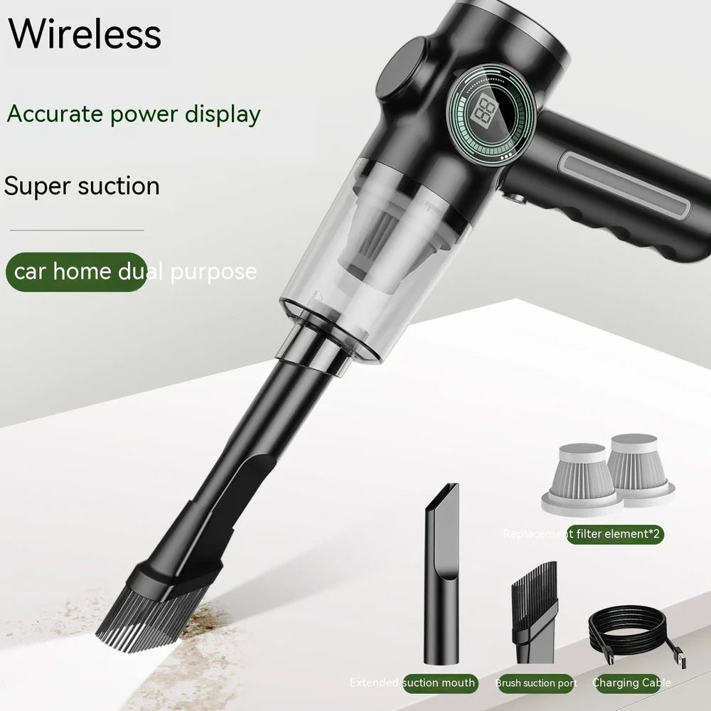 Black and green handheld vacuum cleaner with USB charging cable for car and home use