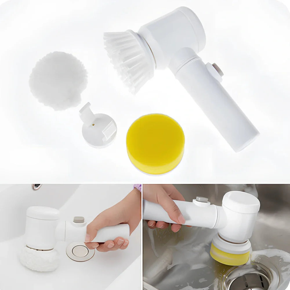 Electric cleaning brush with five interchangeable heads and rechargeable battery for kitchen and bathroom surfaces
