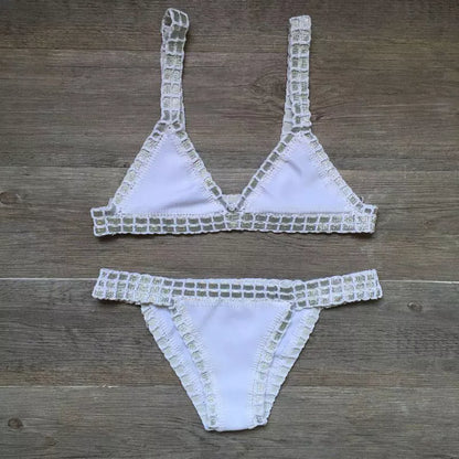 Hand crochet colourful bikini set with spell colour rubber detailing, available in multiple sizes and colours.