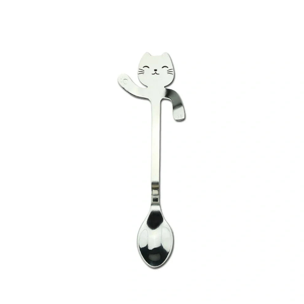 Stainless steel coffee spoon with cartoon cat handle showing hanging hole and smooth edges