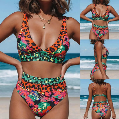 Women's high-waisted floral print bikini set in polyester fabric for swimming activities