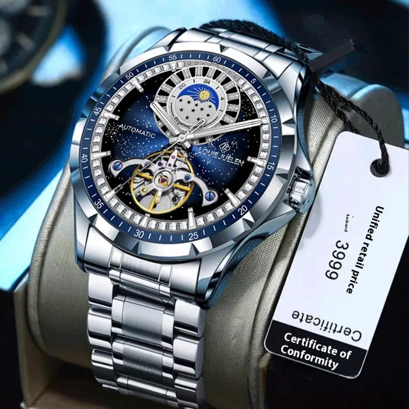 Men's silver alloy case waterproof automatic watch with blue face and stainless steel strap