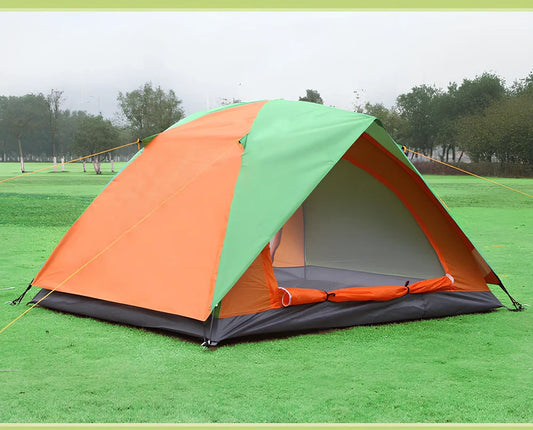 Orange blue double camping tent with reinforced frame, dimensions 200x150x110cm