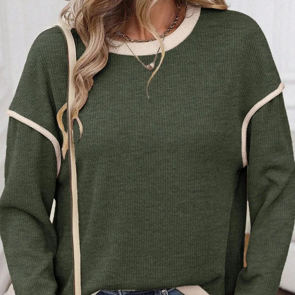 Women's drop shoulder loose knit top with contrast trim in four leaf clover colour