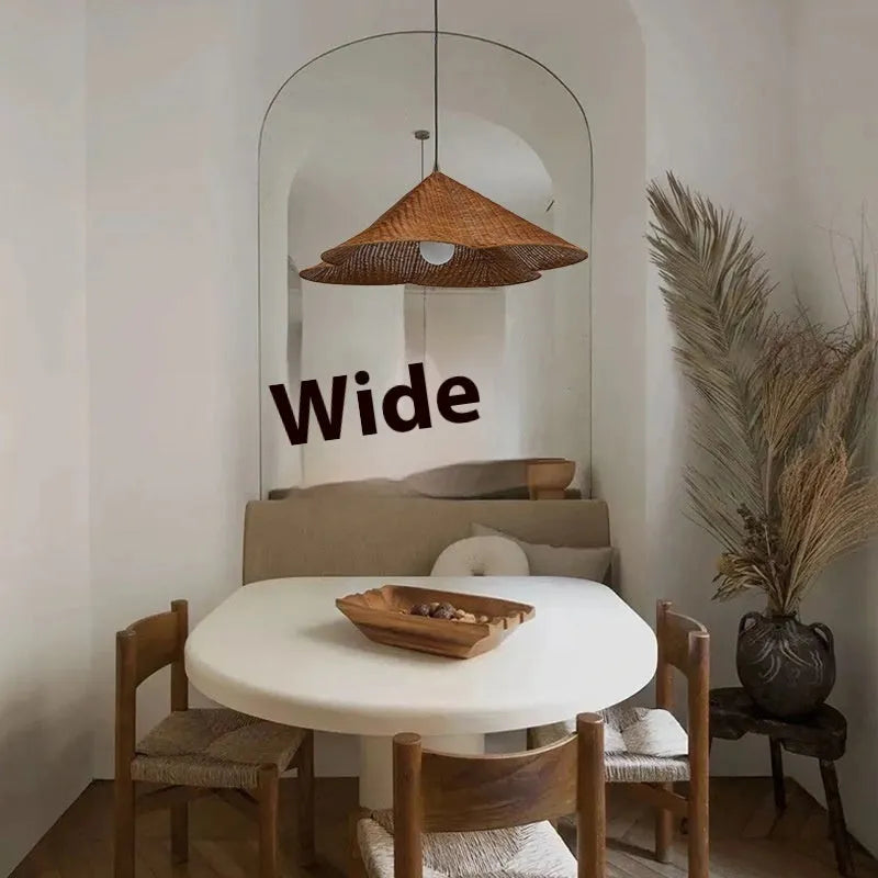Rattan woven ceiling lamp with Silent Wind style in natural finish, shown from below