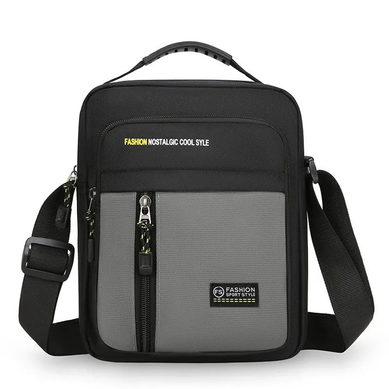 Men's casual nylon messenger bag in four colour options showing shoulder strap and visible sewing thread detailing
