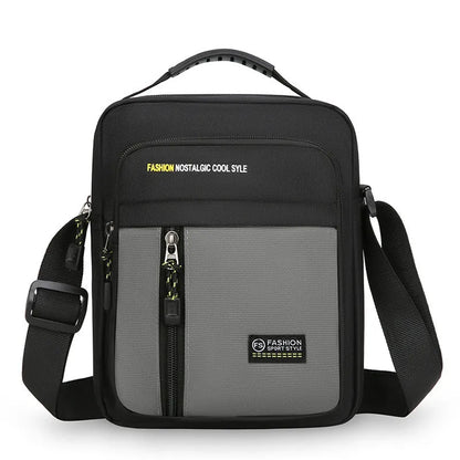 Men's casual nylon messenger bag in four colour options showing shoulder strap and visible sewing thread detailing